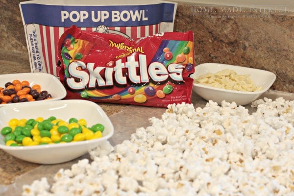 Pop some popcorn and toss it with chocolate and Skittles and you have a sweet and salty treat the whole family will love. You can make it for movie night, the big game or just an easy snack recipe for the kids. 