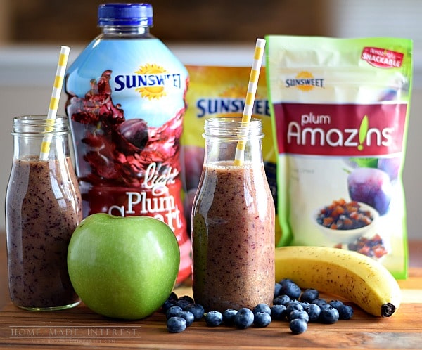 Healthy smoothie recipe that is kid-friendly. Your kids will love this smoothie recipe made with blueberries, apples, and bananas. They won’t even realize that you’ve added Sunsweet Prune juice! 