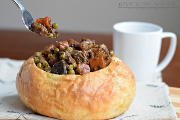 Beef stew in a bread bowl is even better when it is made in a slow cooker. This crock pot beef stew recipe will save you time and warm you up on cold winter nights!