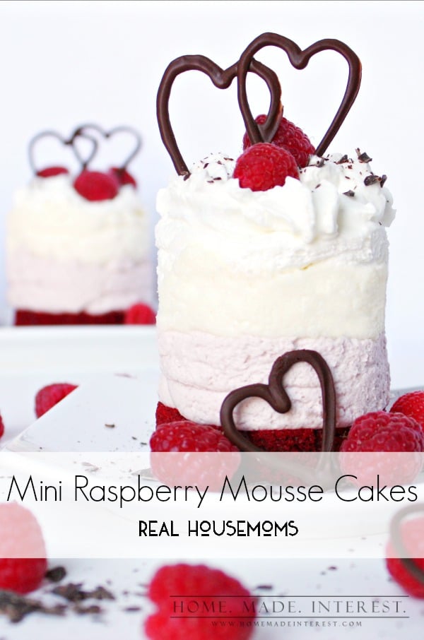 These Mini Raspberry Mousse Cakes are two layers of light, creamy raspberry and cream cheese mousse on a layer of red velvet cake. It’s delicious any time but it would make a Valentine’s Day dessert recipe. 