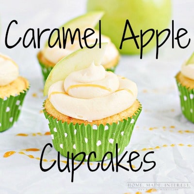 These caramel apple cupcakes are amazing! The center of the cupcake is a fluffy yellow cake with real apple pieces filled with caramel marshmallow fluff and frosted with caramel buttercream drizzled with caramel sauce.