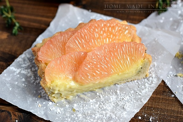 This grapefruit tart recipe is a little bit of sunshine. The bright, sweet and tart flavor of the Florida grapefruit goes perfectly with the flaky golden thyme shortbread crust.