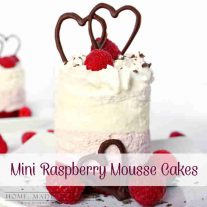 These Mini Raspberry Mousse Cakes are two layers of light, creamy raspberry and cream cheese mousse on a layer of red velvet cake. It’s delicious any time but it would make a Valentine’s Day dessert recipe.