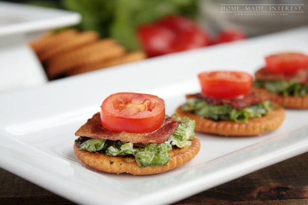 Bacon lettuce and tomato on a Ritz cracker. A simple, but delicious appetizer recipe.