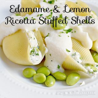 Edamame paired with lemon ricotta cheese is the perfect substitute for meat in these vegetarian stuffed shells with a cauliflower sauce.