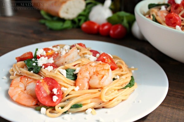 Fresh tomatoes, basil, and shrimp cooked with linguine noodles and finished with feta cheese. A simple one pot dinner recipe.