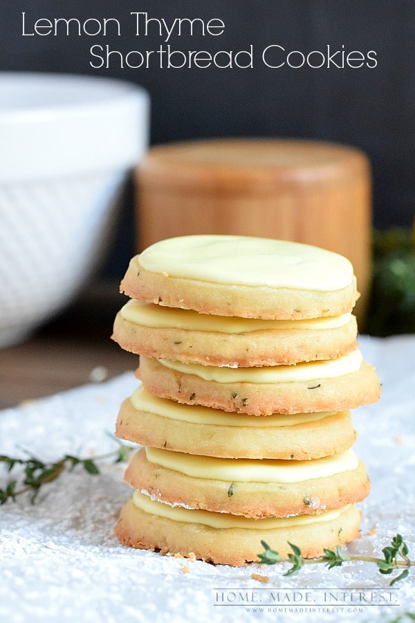 Lemon and thyme shortbread cookies topped with a lemon frosting. A simple, not-too-sweet dessert for Spring. Perfect for Mother’s Day or Easter.