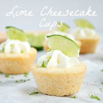 Lime cookie cups. Sugar cookie cups filled with lime cheesecake and topped with whipped cream.