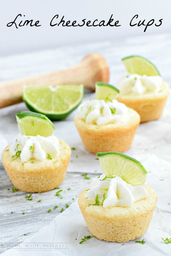 Lime cookie cups. Sugar cookie cups filled with lime cheesecake and topped with whipped cream. 