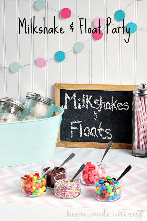 This milkshake and float bar was so fun! The kids and adults all loved picking out their favorite ice cream treats and toppings and creating their own milkshake or float. It was a great idea for an ice cream party.