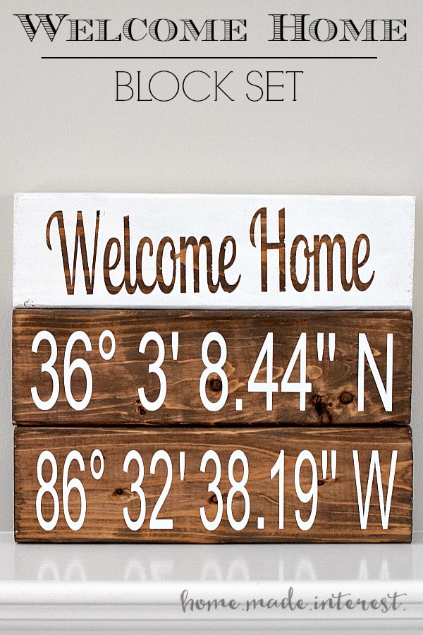 This wood block set combines welcome home and latitude and longitude to create a personalized gift for a new homeowner or something pretty to decorate your mantle.