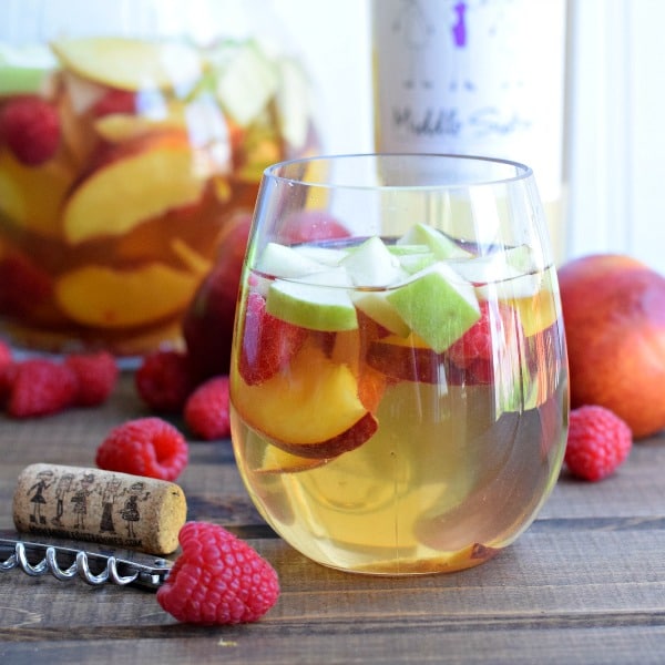 This light Moscato Sangria is at the top of my summer drinks list! Made with fresh summer fruit and lightly sweet moscato wine.