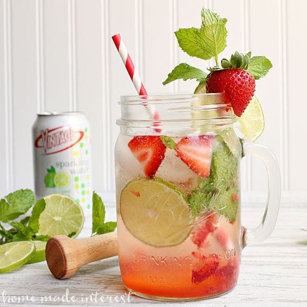Fresh and bubbly, this Strawberry Mojito Sparkling water has all of the flavors of a mojito without the alcohol.