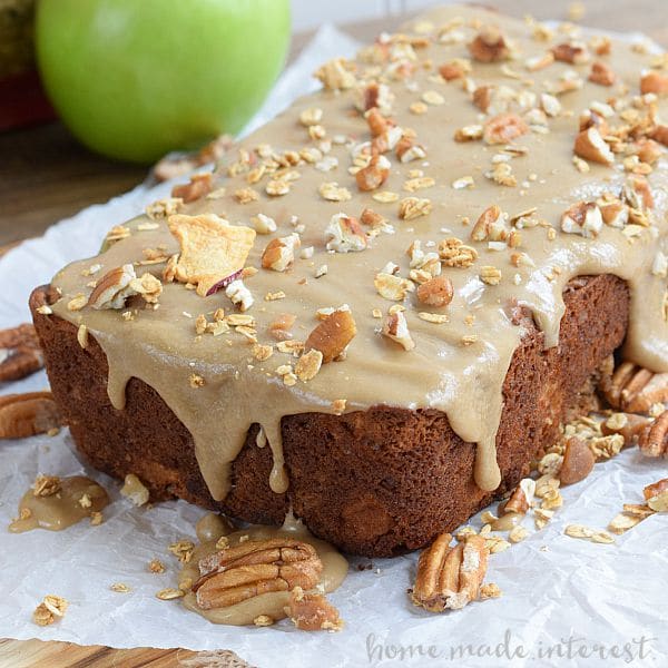 This bread tastes just like apple pie! It is cinnamon-y and sweet, with crunchy caramel granola pieces baked inside. A great recipe for Fall.
