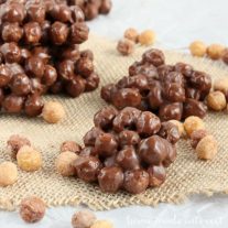 Reese’s® Peanut Butter Puffs® cereal tossed with peanut butter and chocolate then dropped in small clusters. It is a great afterschool snack or simple party treat.