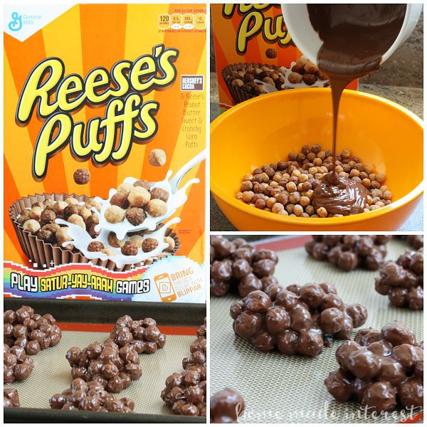 Reese’s® Peanut Butter Puffs® cereal tossed with peanut butter and chocolate then dropped in small clusters. It is a great afterschool snack or simple party treat.