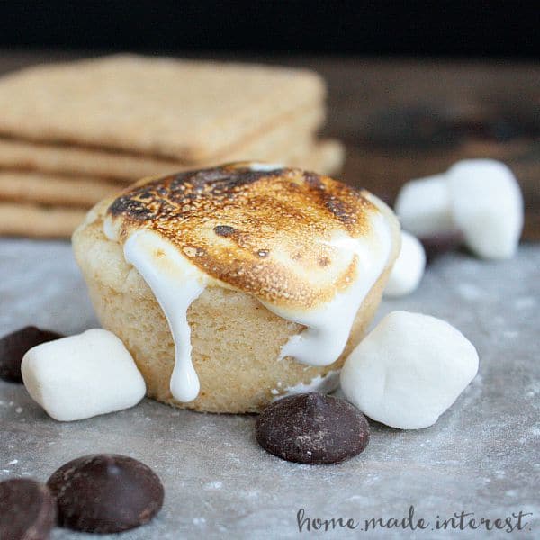 These S’mores cookie cups are filled with chocolate ganache and topped with a roasted marshmallow.