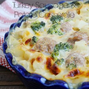 This simple casserole is a whole meal rolled into one. Turkey sausage, potatoes and broccoli cooked in a creamy cheese sauce. Yum!