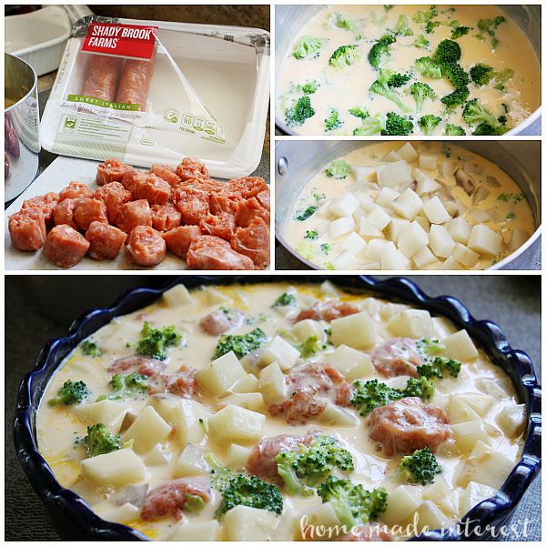 This simple casserole is a whole meal rolled into one. Turkey sausage, potatoes and broccoli cooked in a creamy cheese sauce. Yum!