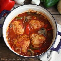 This easy one pot Chicken Cacciatore recipe is a great fall or winter recipe made in a dutch oven that you can make ahead of time and heat up for a quick dinner.