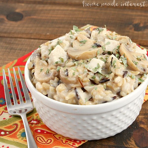 This creamy chicken and mushroom wild rice bowl is fast and easy and tastes just like a casserole my mom used to make. It’s a quick solution for lunch at work or school!