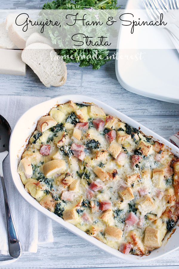 This Gruyère, Ham, and Spinach Strata is a great brunch recipe since it can be made a day ahead of time and baked the morning of the brunch. I’m definitely adding it to my holiday brunch menu.