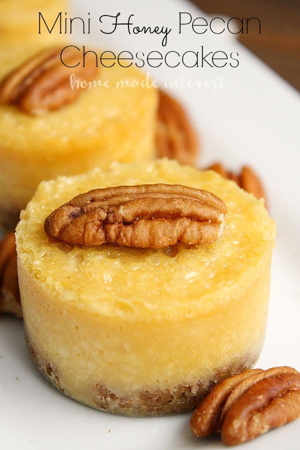 These mini honey pecan cheesecakes are made with sweet honey cheesecake over a pecan crust. They are a great dessert recipes for holiday parties.