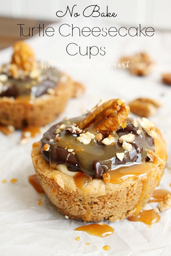 This No Bake Turtle Cheesecake is a creamy cheesecake covered in chocolate, caramel, and pecans, in a chocolate cookie cup. An easy dessert recipe that everyone will love.