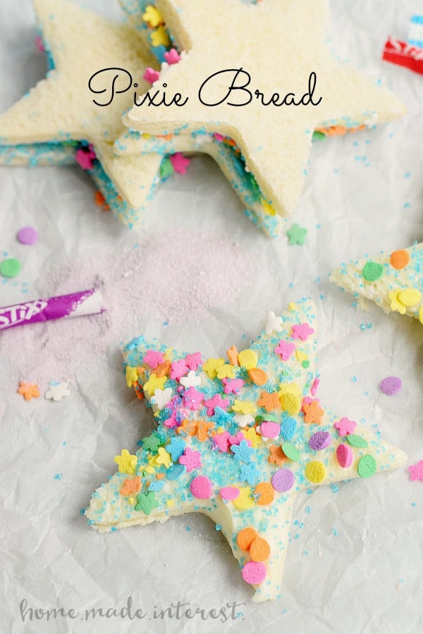 Fairy bread is great but Pixie bread is a little sassier. This is a fun recipe to use as a kid activity on a rainy day, or as a snack to go along with a Peter Pan or Tinkerbell movie!