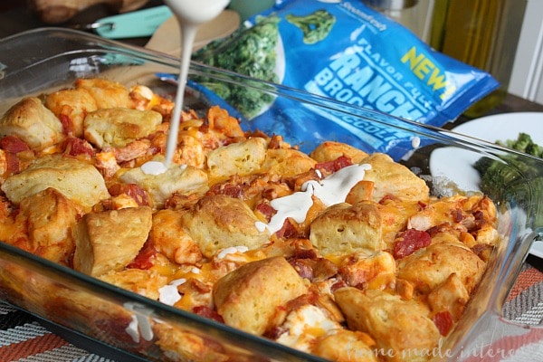 This tasty chicken casserole recipe is made with four of my favorite ingredients, rotisserie chicken ranch dressing, bacon, and biscuits! 
