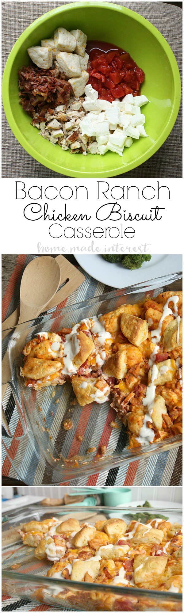 This tasty chicken casserole recipe is made with four of my favorite ingredients, rotisserie chicken, ranch dressing, bacon, and biscuits! 
