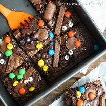 These ooey, gooey, chocolate brownies are an easy recipe for using up all of that leftover Halloween candy.