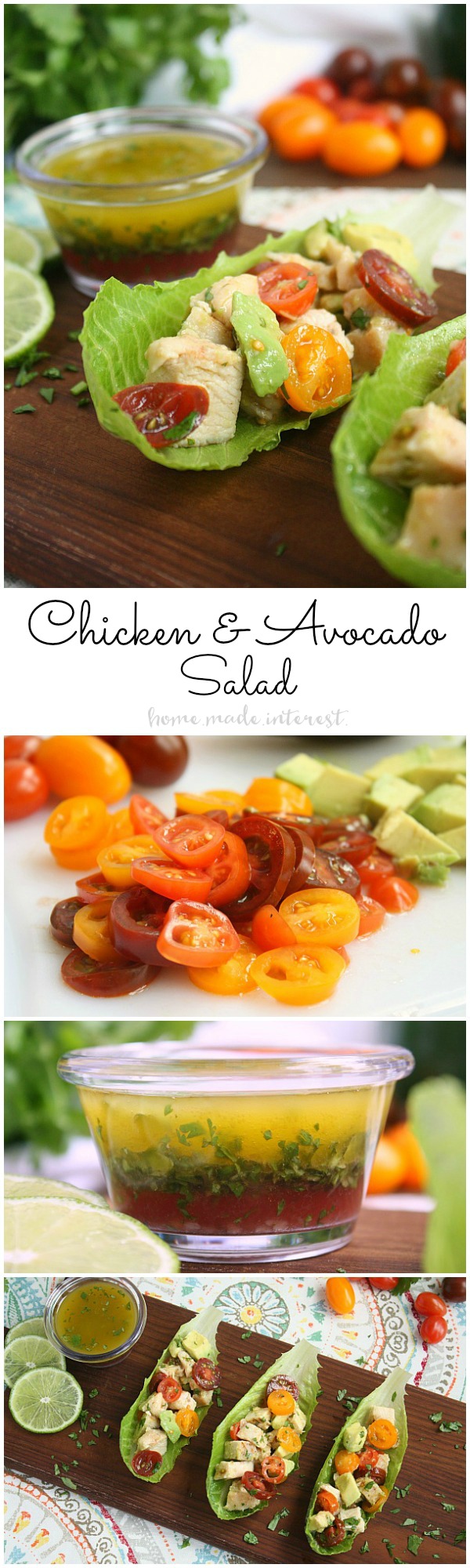 If you want a light, low carb lunch option this chicken and avocado salad is one of my favorites. Grilled, or baked chicken, fresh avocado and tomatoes, and a light lime cilantro vinaigrette, in a simple lettuce wrap makes the perfect lunch. 