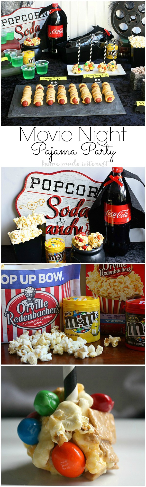  Pajama Party Movie Night - Put on your favorite PJs and grab some snacks, this Pajama party Movie night party with Hotel Transylvania 2 is the perfect way to entertain the kids when the weather gets cold and they can’t go out and play. Sticky, salty and sweet S’Mores Popcorn balls are made with M&M’s and movie theater microwave popcorn for the perfect movie night treat. 