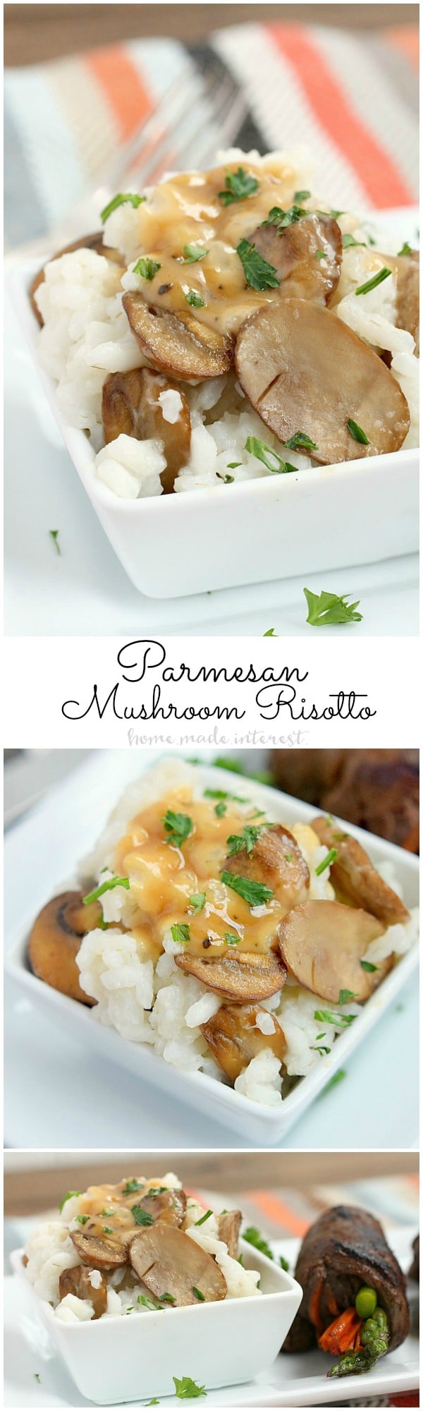 This creamy parmesan mushroom risotto is made with cheesy arborio rice and a creamy white wine mushroom sauce. This is a great side dish or dinner recipe for a romantic meal.