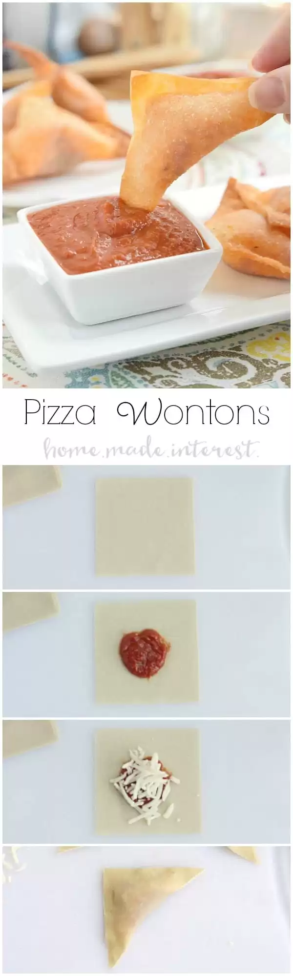 These Pizza Wontons are a fun pizza snack for kids of all ages. Everyone will love this crunchy wonton filled with pizza sauce, cheese, and pepperonis! 