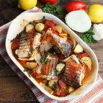 This Rockfish is baked in the Portguese style. Tomatoes, onions, and a little seasoning then baked until the fish is flakey. It is one of my favorite fish recipes and it is low calorie, low carb, and low fat.