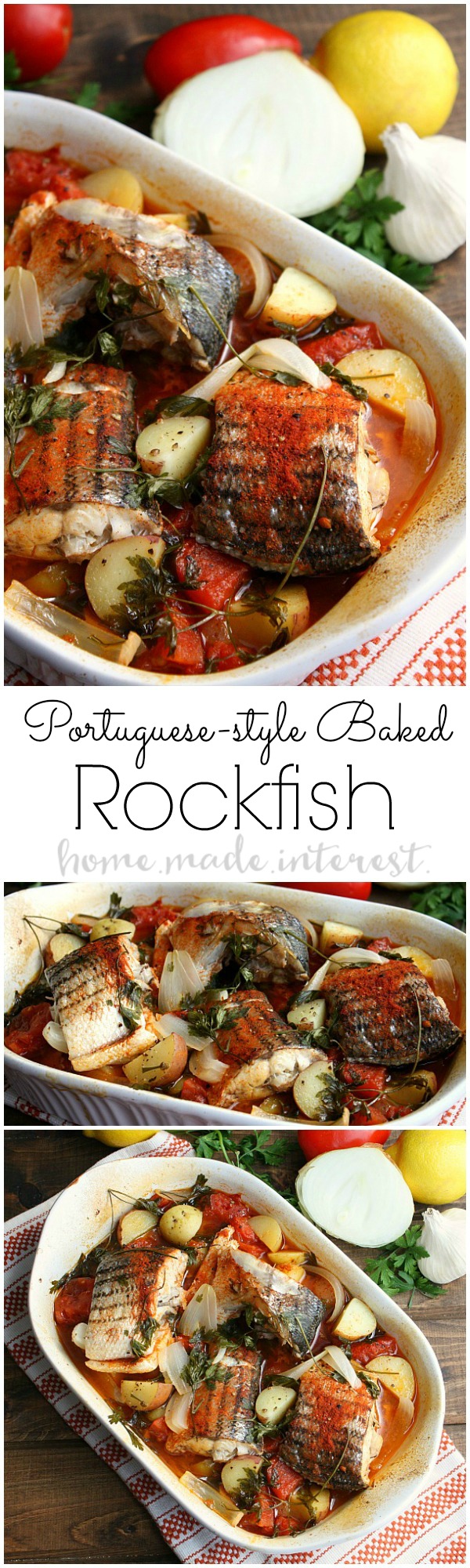This Rockfish is baked in the Portguese style. Tomatoes, onions, and a little seasoning then baked until the fish is flakey. It is one of my favorite fish recipes and it is low calorie, low carb, and low fat. 