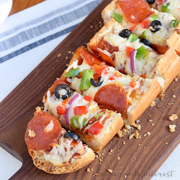 Make your french bread pizza with all of your favorite toppings then cut it into strips and serve it at your next party as an easy recipe for french bread pizza sticks that kids and adults will both love!