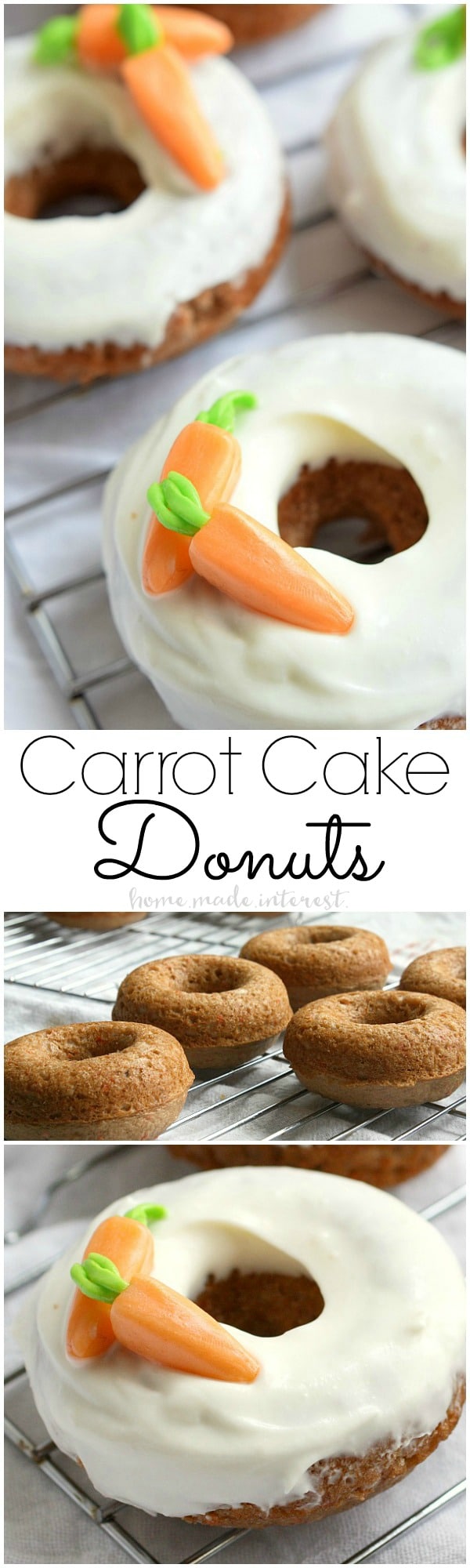 Baked Carrot Cake Donuts | These baked Carrot Cake donuts are frosted with a cream cheese glaze and topped with edible carrots. It is one of the best Easter brunch recipes or Easter dessert recipes. These carrot cake donuts are made with a boxed cake mix and are so easy to make! If you’re looking for a sweet Easter brunch recipe you have to try these. 