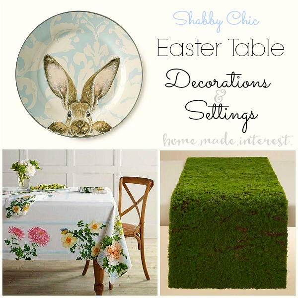 Shabby chic Easter table decorations and settings with soft color and adorable bunnies. Moss table runner on the floral tablecloth looks amazing.