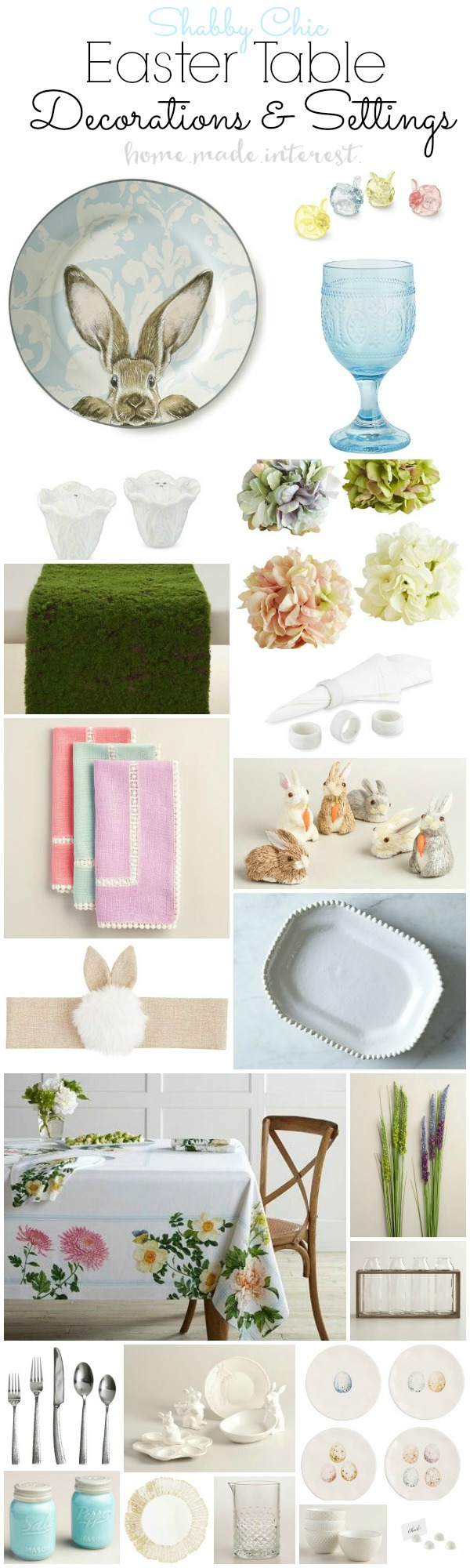Shabby chic Easter table decorations and settings with soft color and adorable bunnies. Moss table runner on the floral tablecloth looks amazing.