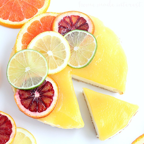 A simple lemon curd and fresh slices of blood oranges, lemons, and limes dress up this Sara Lee cheesecake for a fast spring and summer dessert.