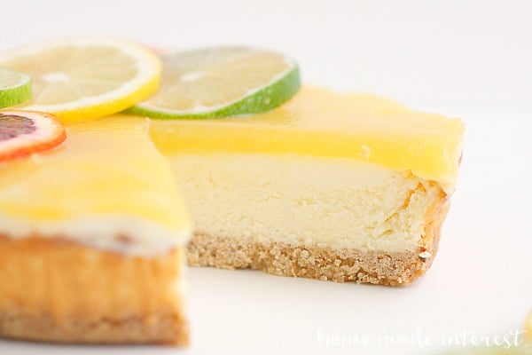 A simple lemon curd and fresh slices of blood oranges, lemons, and limes dress up this Sara Lee cheesecake for a fast spring and summer dessert.