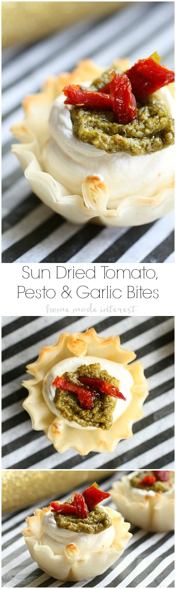 These Sun Dried Tomato, Pesto and Garlic bite-size appetizers are perfect for parties. Creamy cheese in a phyllo cup, topped with sun dried tomato, pesto.