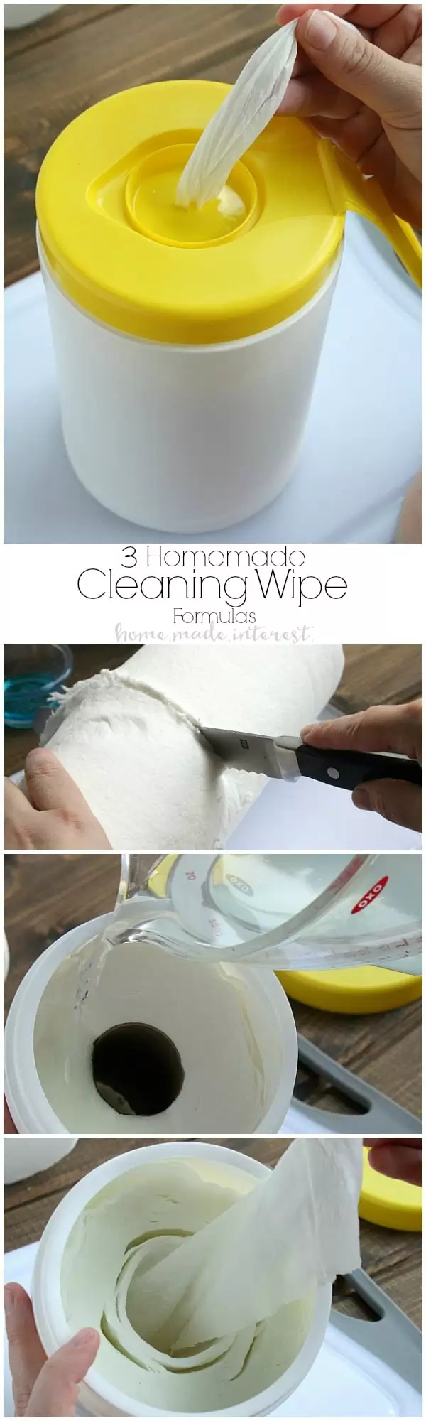 A tutorial on how to make homemade cleaning wipes in three different formulas, homemade wipes for glass, bleach wipes, and general cleaning wipes. A great way to save money and some inspiration to start your Spring cleaning!