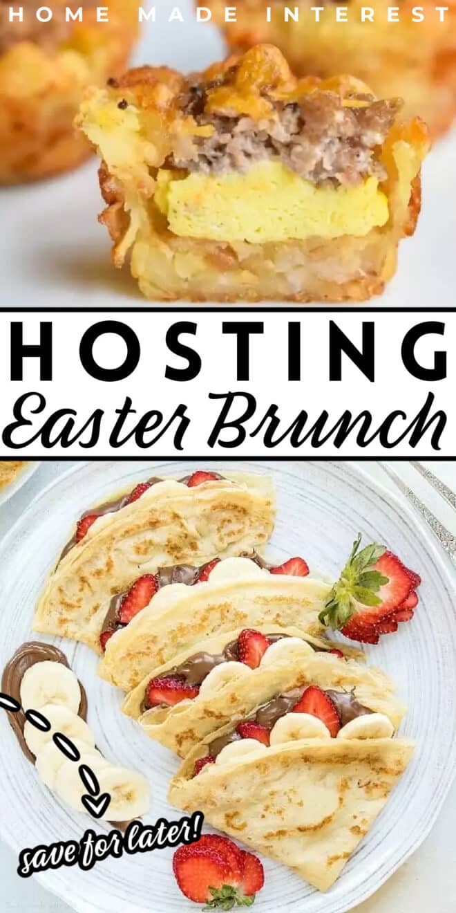 Top half shows a hand holding a sliced open breakfast muffin with egg and sausage, and the bottom half displays crepes with chocolate and strawberries on a plate. Text overlay about hosting