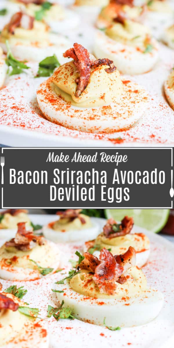 Pinterest image for Bacon, Sriracha, Avocado Deviled Eggs with title text