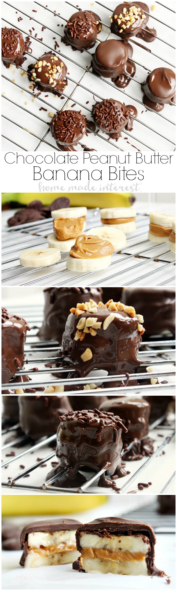 These chocolate covered peanut butter banana bites are an easy snack recipe for kids and adults! Use an all natural peanut butter to sandwich between your banana slices and cover it with a layer of dark chocolate for a bite size natural dessert or snack recipe that the whole family will love.
