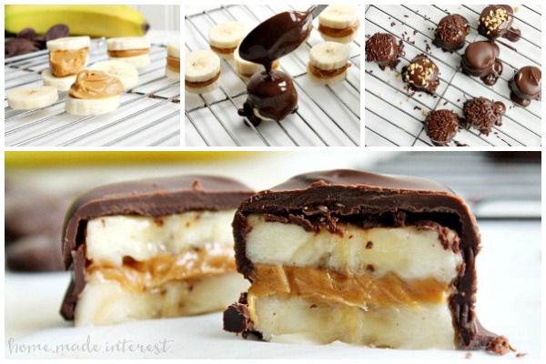 These chocolate covered peanut butter banana bites are an easy snack recipe for kids and adults! Use an all natural peanut butter to sandwich between your banana slices and cover it with a layer of dark chocolate for a bite size natural dessert or snack recipe that the whole family will love.